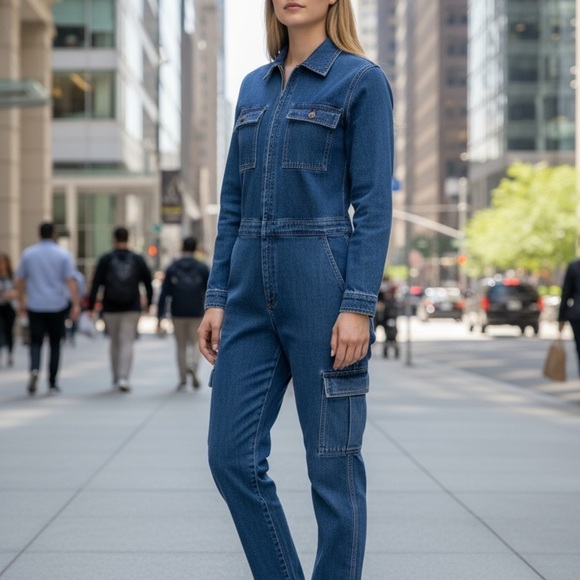 Fashion Nova Womens Denim Jumpsuit L Jean Coveralls Vintage Snap Front - Picture 4 of 14